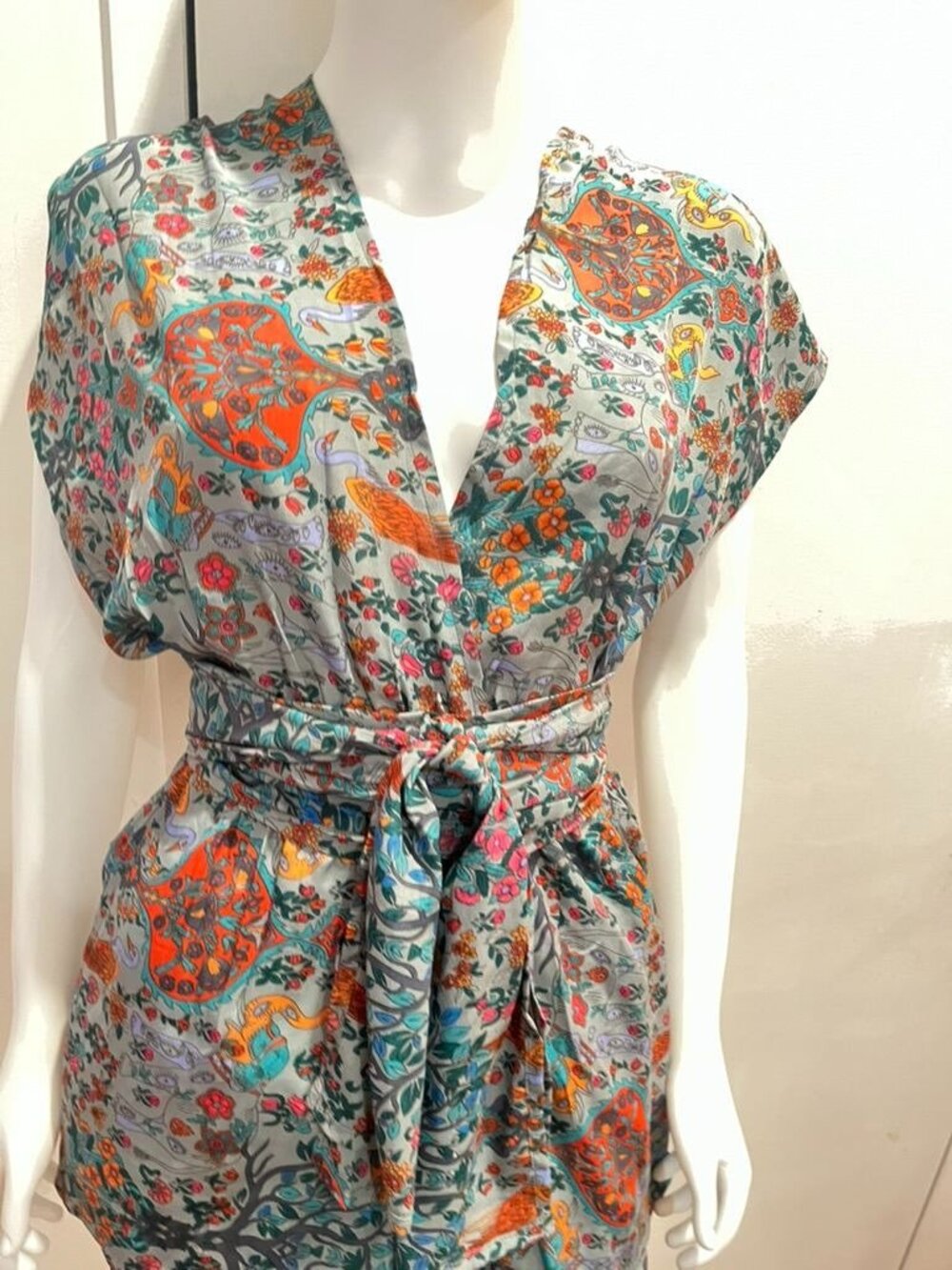 Moksha Ibiza Silk-Blend boho print wrap romper, coverup , XS-M
